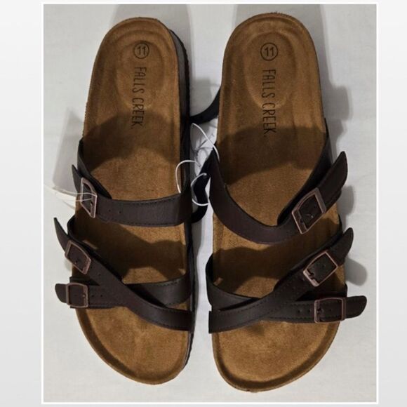 New Falls Creek Shoes Womens Sandals Dark Brown Straps Buckles Slip On Size 11 - Picture 7 of 15